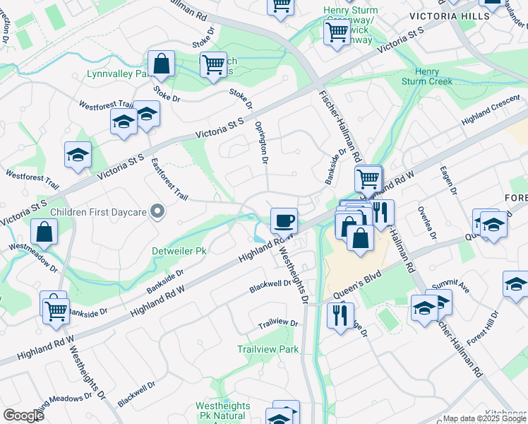 map of restaurants, bars, coffee shops, grocery stores, and more near 114 Eastforest Trail in Kitchener