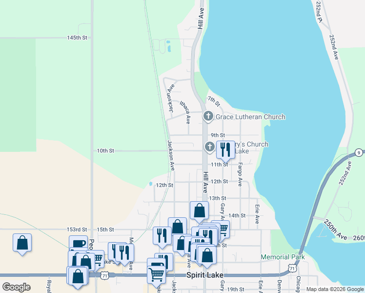 map of restaurants, bars, coffee shops, grocery stores, and more near 800-998 10th Street in Spirit Lake