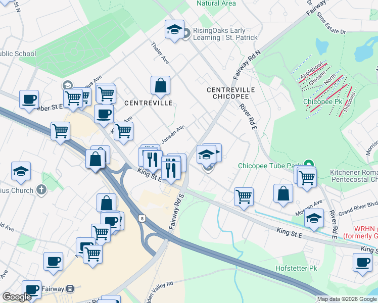 map of restaurants, bars, coffee shops, grocery stores, and more near 100 Fairway Road North in Kitchener