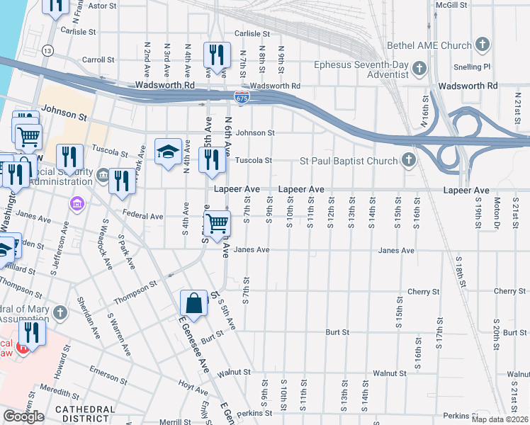 map of restaurants, bars, coffee shops, grocery stores, and more near 1511 Federal Avenue in Saginaw