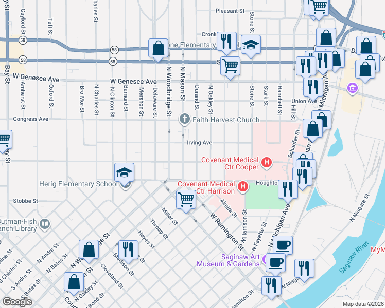 map of restaurants, bars, coffee shops, grocery stores, and more near 1618 Durand Street in Saginaw