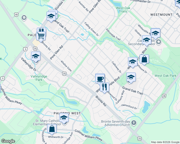 map of restaurants, bars, coffee shops, grocery stores, and more near 2293 Baronwood Drive in Oakville