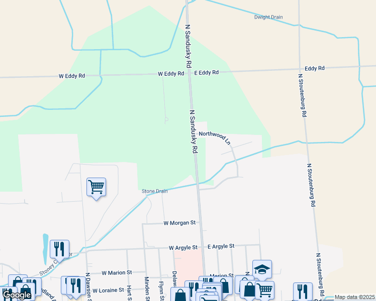 map of restaurants, bars, coffee shops, grocery stores, and more near 371 North Sandusky Road in Sandusky