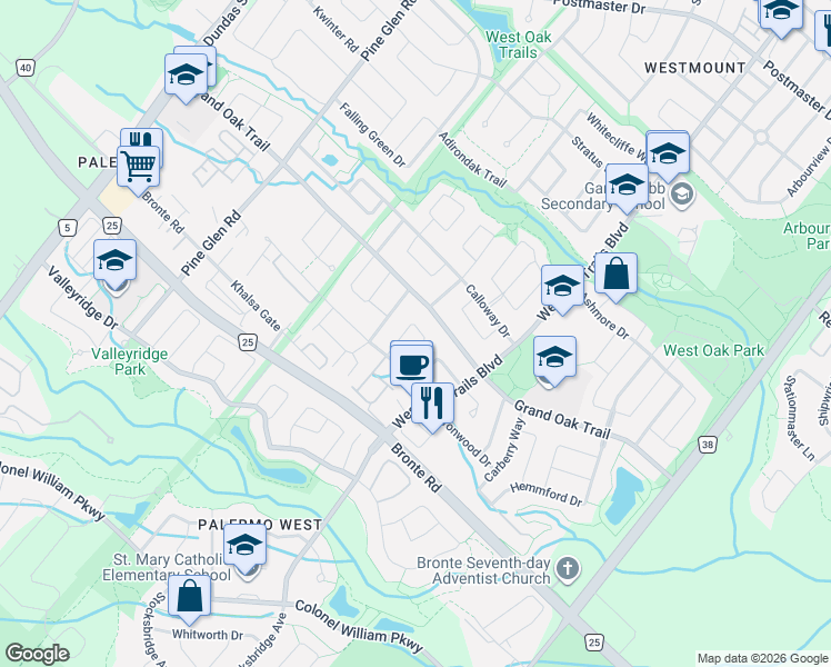 map of restaurants, bars, coffee shops, grocery stores, and more near in Oakville