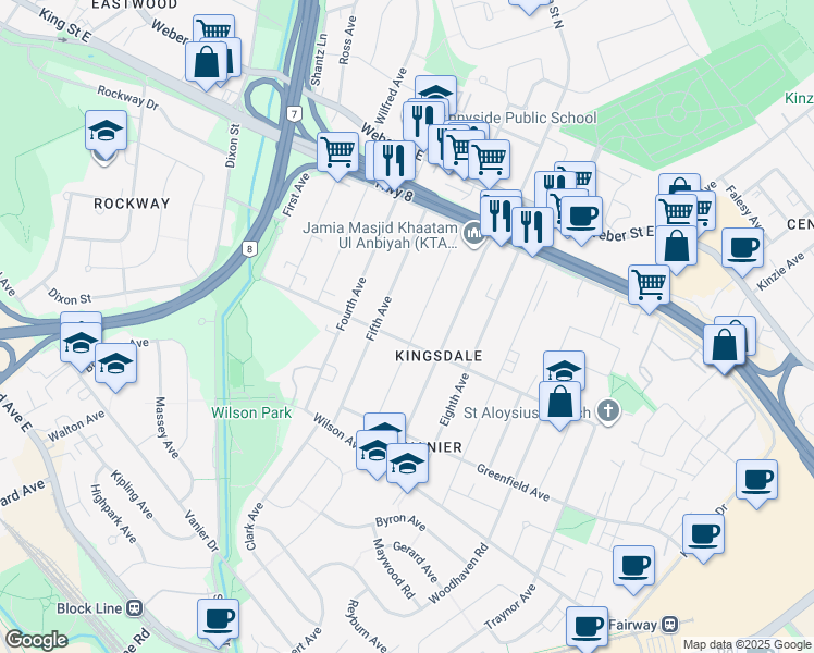 map of restaurants, bars, coffee shops, grocery stores, and more near 122 Sixth Avenue in Kitchener