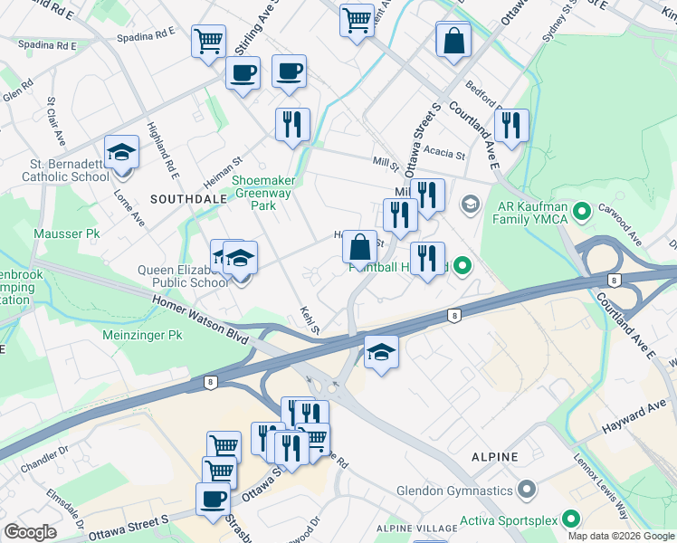 map of restaurants, bars, coffee shops, grocery stores, and more near 39 Kelvin Avenue in Kitchener