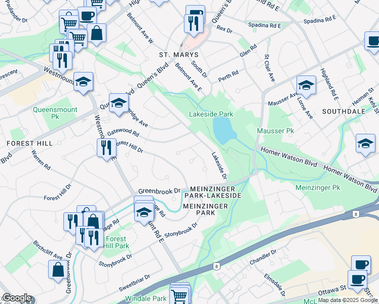 map of restaurants, bars, coffee shops, grocery stores, and more near 8 Meadow Crescent in Kitchener