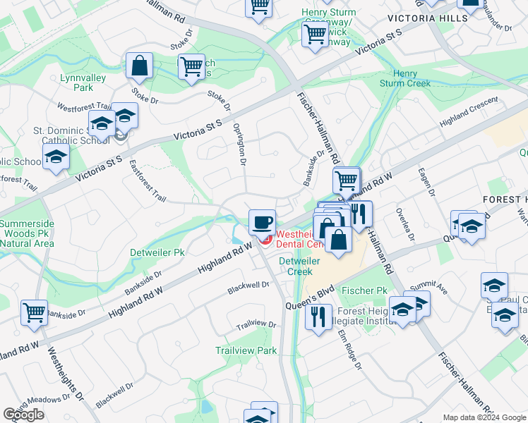 map of restaurants, bars, coffee shops, grocery stores, and more near 103 Bankside Drive in Kitchener