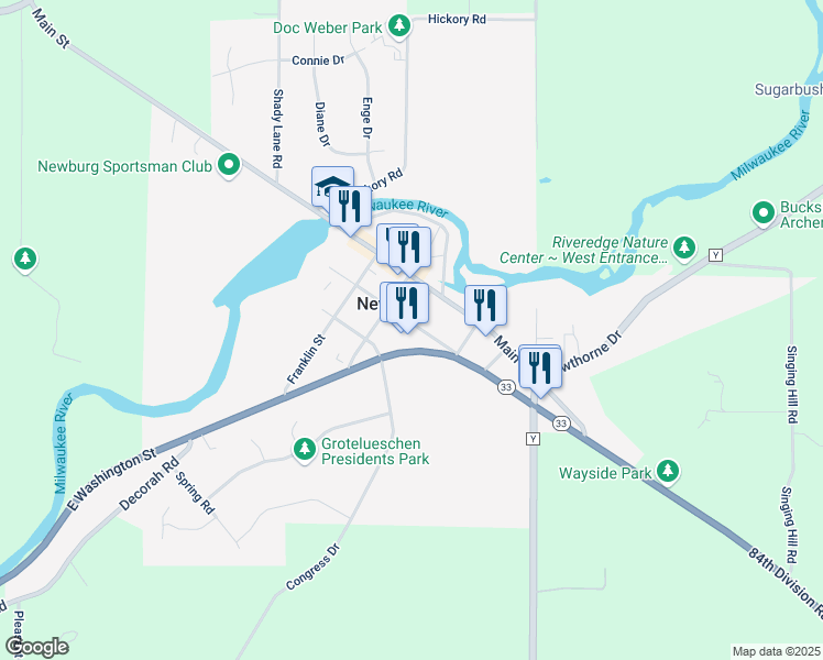 map of restaurants, bars, coffee shops, grocery stores, and more near 499 Division Street in West Bend