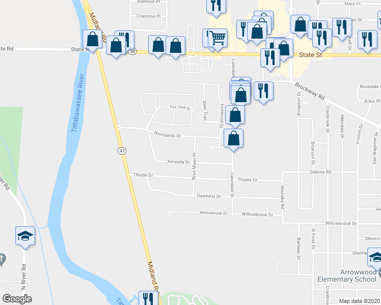 map of restaurants, bars, coffee shops, grocery stores, and more near 1555 Bryn Mawr Place in Saginaw