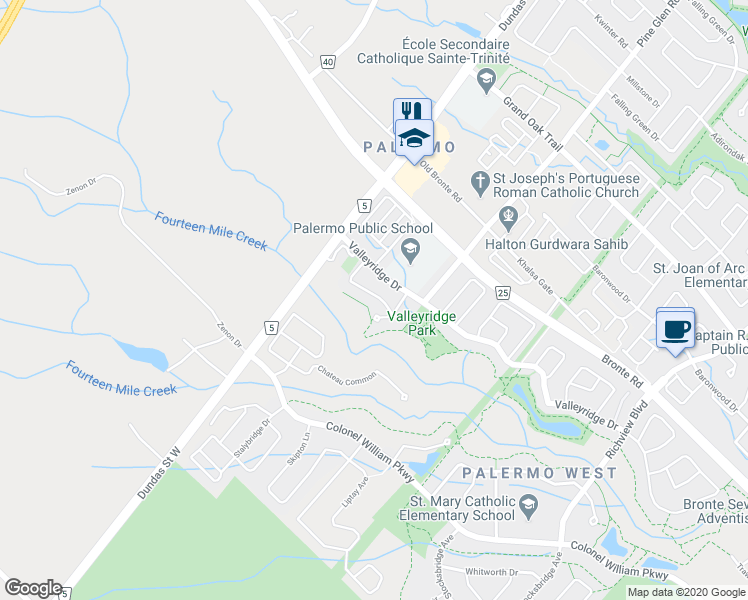 map of restaurants, bars, coffee shops, grocery stores, and more near 2454 Springforest Drive in Oakville
