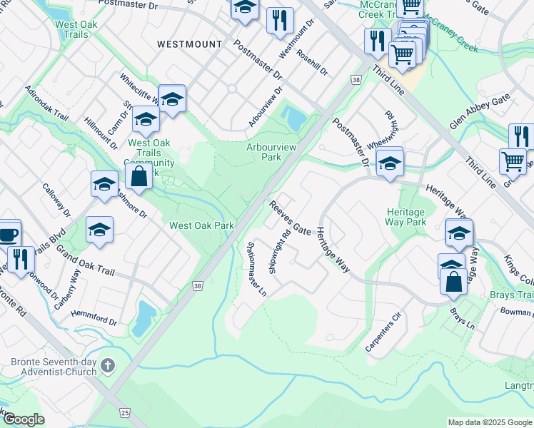 map of restaurants, bars, coffee shops, grocery stores, and more near 1580 Reeves Gate in Oakville