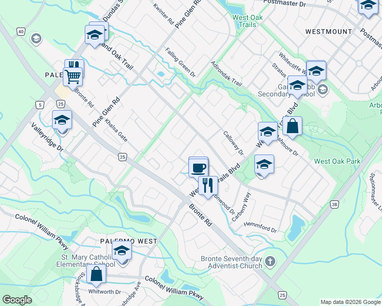 map of restaurants, bars, coffee shops, grocery stores, and more near 2386 Baintree Crescent in Oakville