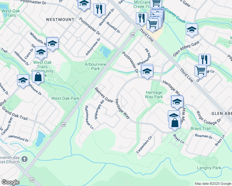 map of restaurants, bars, coffee shops, grocery stores, and more near 1538 Heritage Way in Oakville