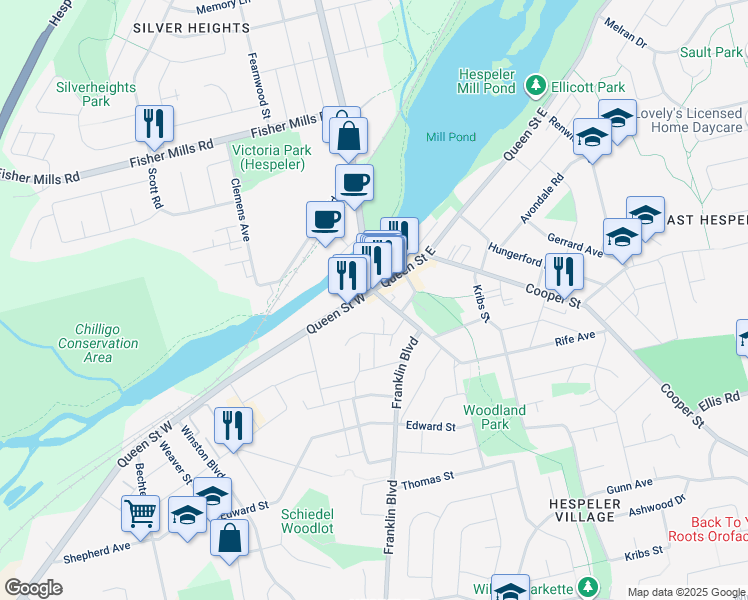 map of restaurants, bars, coffee shops, grocery stores, and more near 16 Queen Street West in Cambridge