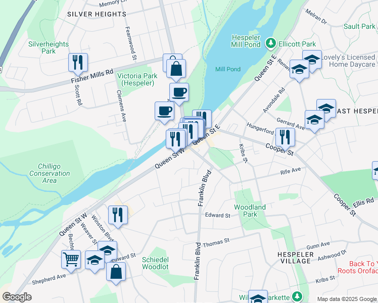 map of restaurants, bars, coffee shops, grocery stores, and more near 16 Queen Street West in Cambridge