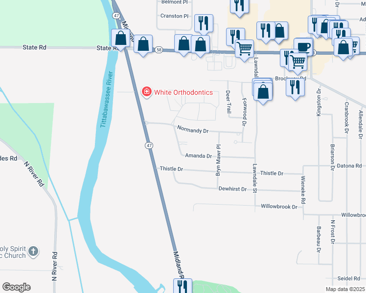 map of restaurants, bars, coffee shops, grocery stores, and more near 6360 Amanda Drive in Saginaw