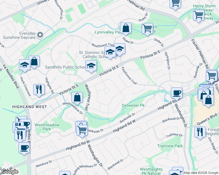 map of restaurants, bars, coffee shops, grocery stores, and more near 62 Heatherwood Place in Kitchener