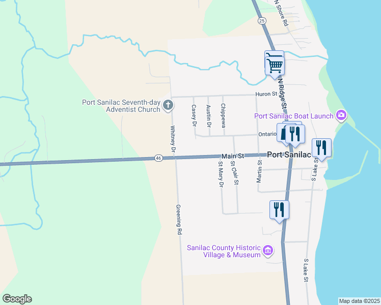 map of restaurants, bars, coffee shops, grocery stores, and more near 7041 Main Street in Port Sanilac