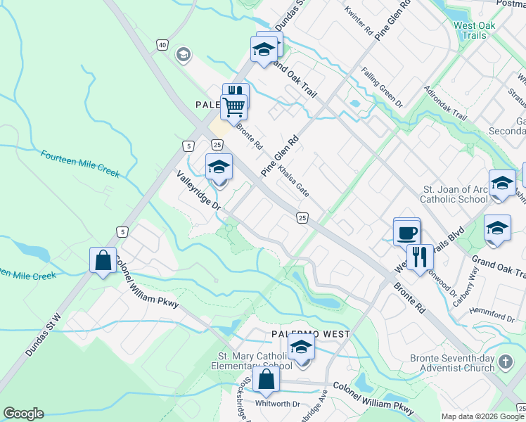 map of restaurants, bars, coffee shops, grocery stores, and more near 3086 Highbourne Crescent in Oakville