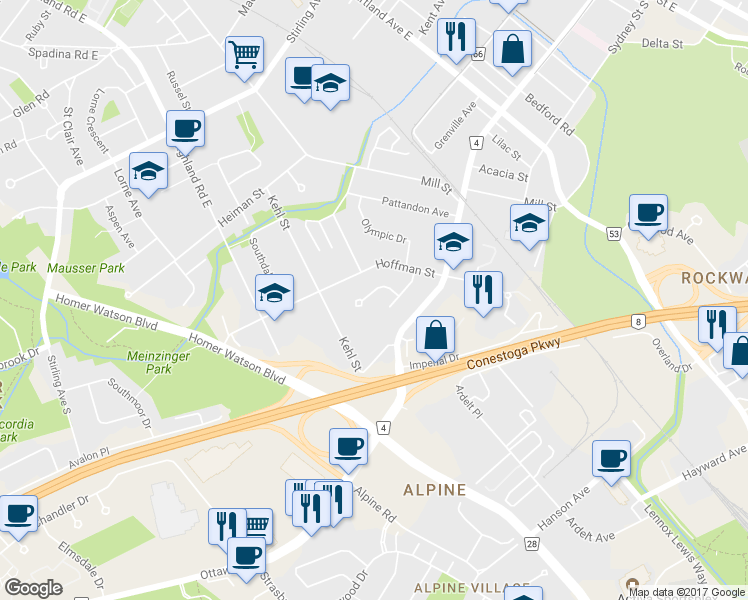 map of restaurants, bars, coffee shops, grocery stores, and more near 39 Kelvin Avenue in Kitchener