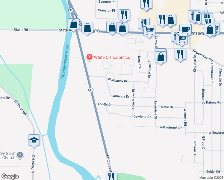 map of restaurants, bars, coffee shops, grocery stores, and more near 6360 Amanda Drive in Saginaw