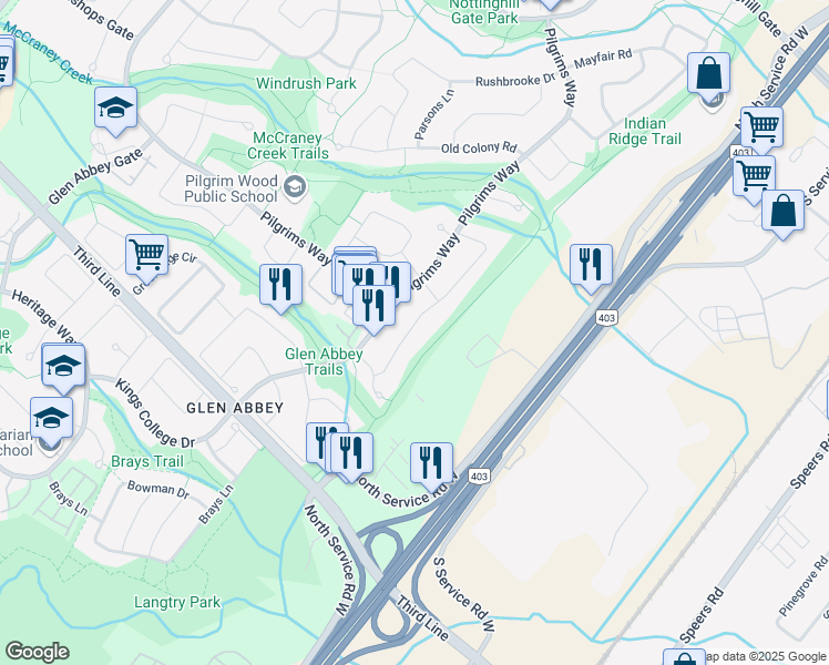 map of restaurants, bars, coffee shops, grocery stores, and more near 1384 Fieldcrest Lane in Oakville