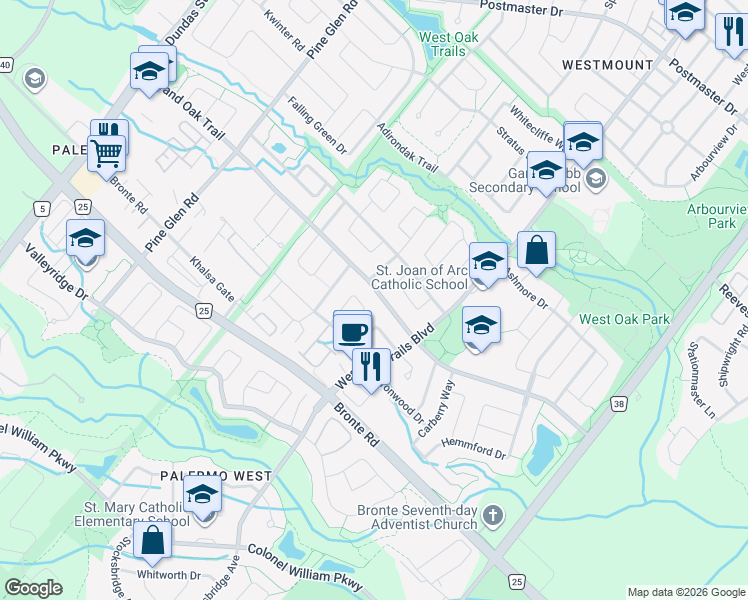 map of restaurants, bars, coffee shops, grocery stores, and more near in Oakville