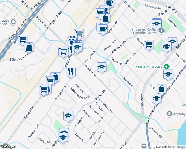 map of restaurants, bars, coffee shops, grocery stores, and more near 550 Fourth Line in Oakville