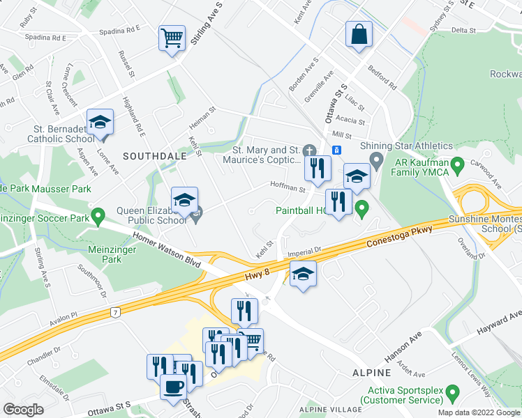 map of restaurants, bars, coffee shops, grocery stores, and more near 39 Kelvin Avenue in Kitchener