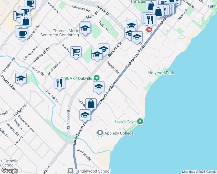 map of restaurants, bars, coffee shops, grocery stores, and more near 407 Lakeshore Road West in Oakville