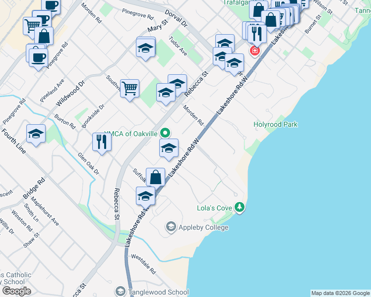 map of restaurants, bars, coffee shops, grocery stores, and more near 407 Lakeshore Road West in Oakville