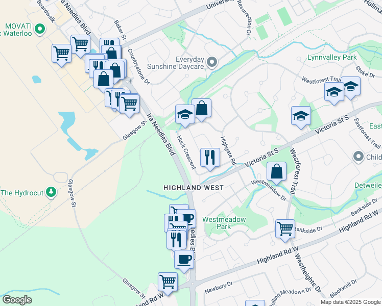map of restaurants, bars, coffee shops, grocery stores, and more near 150 Huck Crescent in Kitchener