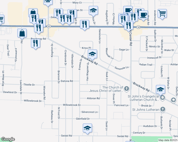 map of restaurants, bars, coffee shops, grocery stores, and more near 1594 Van Wagoner Drive in Saginaw