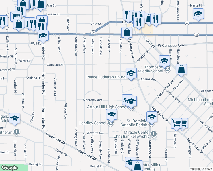 map of restaurants, bars, coffee shops, grocery stores, and more near 1605 Passolt Street in Saginaw