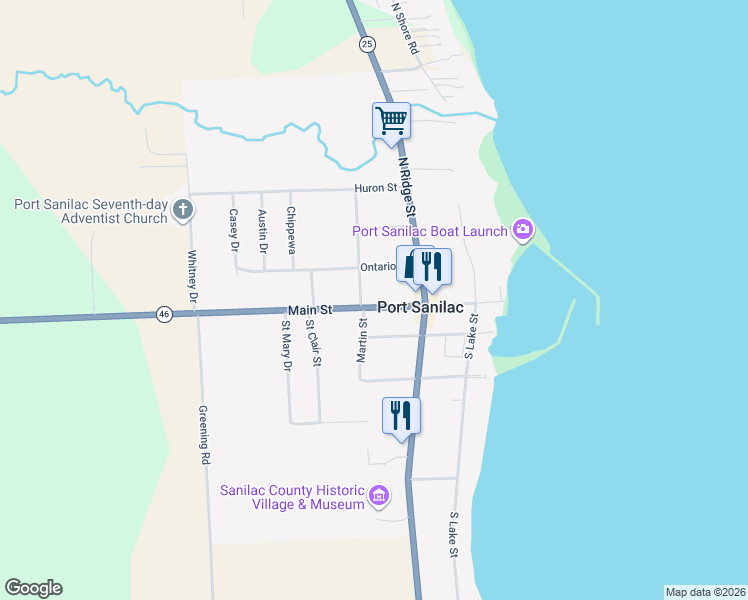 map of restaurants, bars, coffee shops, grocery stores, and more near 44 Church Street in Port Sanilac