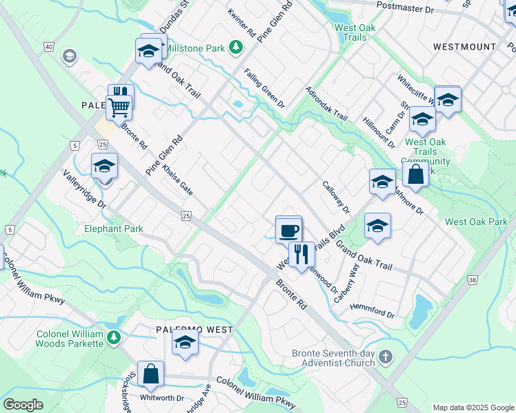 map of restaurants, bars, coffee shops, grocery stores, and more near 2301 Baronwood Drive in Oakville