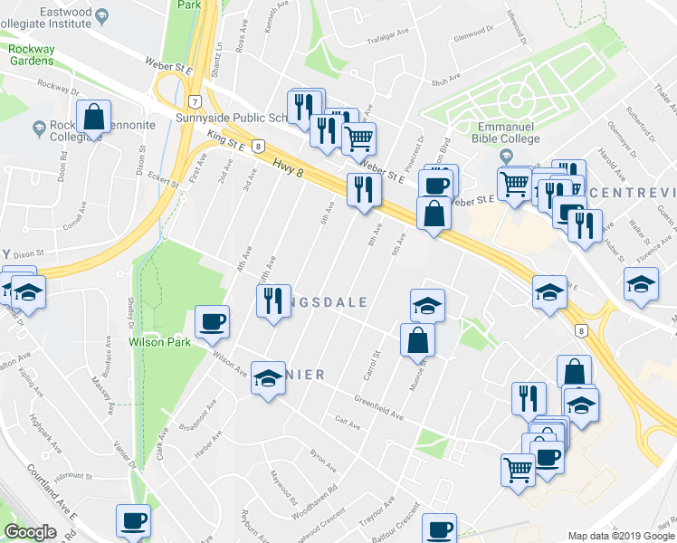 map of restaurants, bars, coffee shops, grocery stores, and more near 91 Franklin Street South in Kitchener