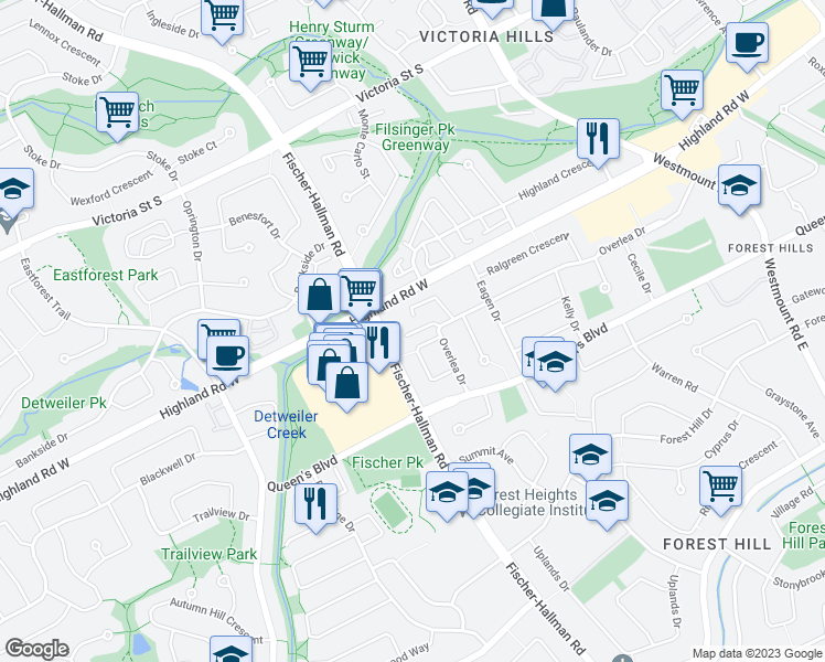 map of restaurants, bars, coffee shops, grocery stores, and more near 775 Highland Road West in Kitchener