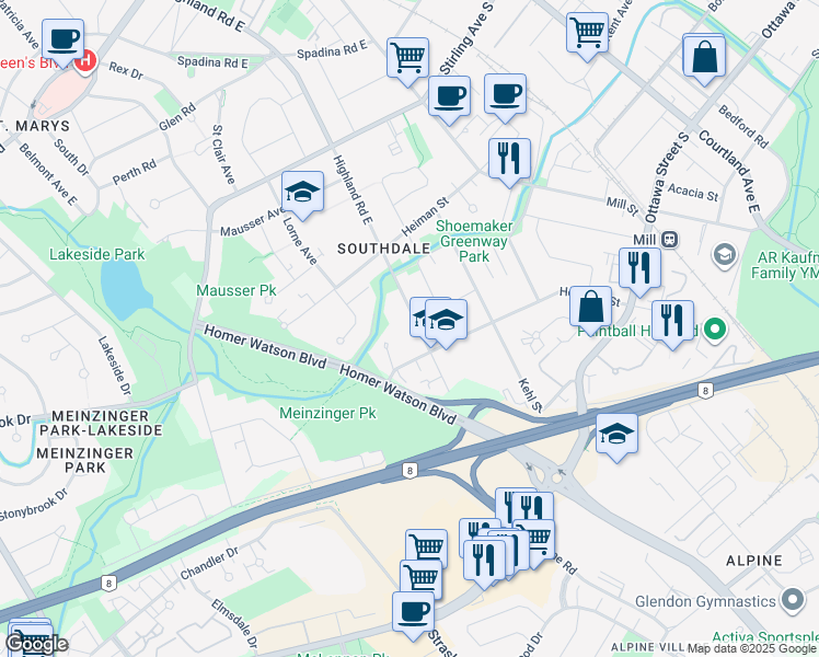 map of restaurants, bars, coffee shops, grocery stores, and more near 465 Highland Road East in Kitchener
