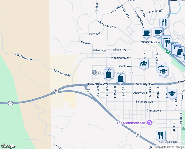 map of restaurants, bars, coffee shops, grocery stores, and more near 2399 Jennings Ave in Hot Springs