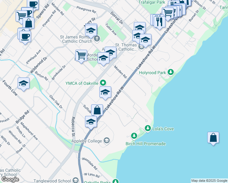 map of restaurants, bars, coffee shops, grocery stores, and more near 109 Paliser Court in Oakville