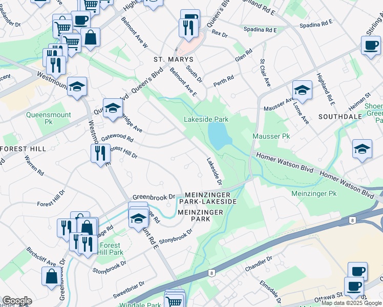 map of restaurants, bars, coffee shops, grocery stores, and more near 8 Meadow Crescent in Kitchener