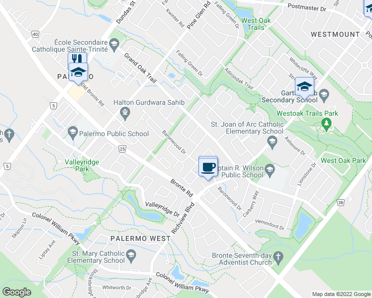 map of restaurants, bars, coffee shops, grocery stores, and more near 2301 Baronwood Drive in Oakville