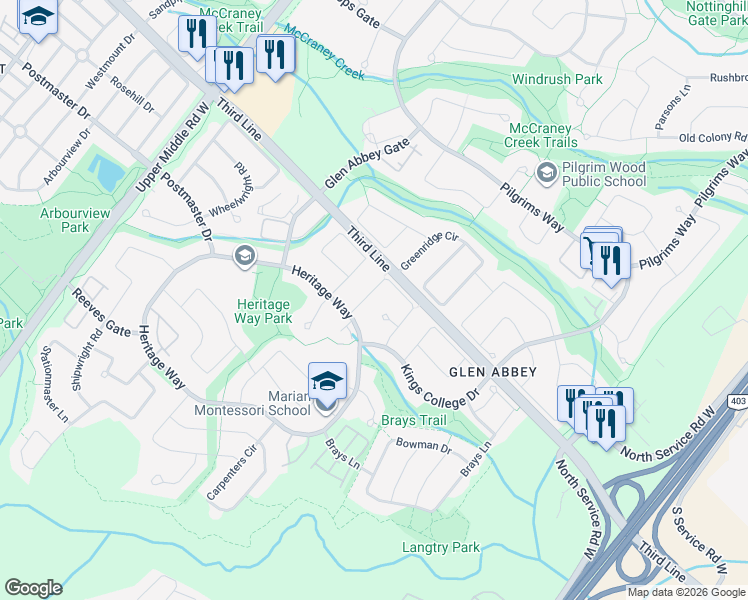 map of restaurants, bars, coffee shops, grocery stores, and more near 2099 Blacksmith Lane in Oakville