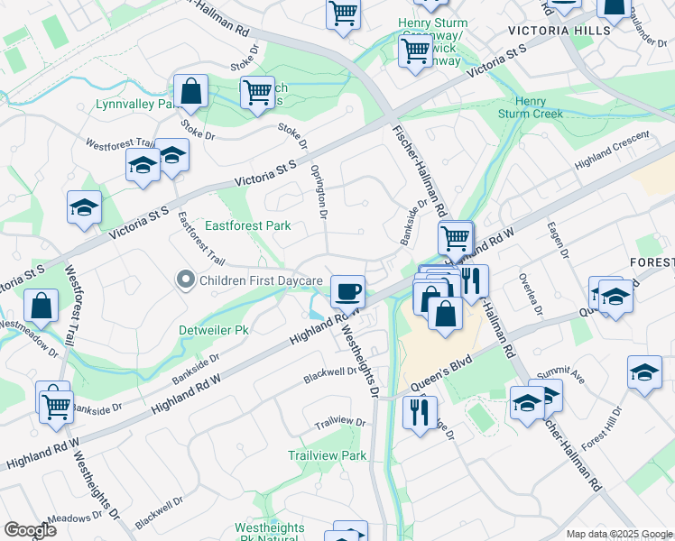 map of restaurants, bars, coffee shops, grocery stores, and more near 85 Bankside Drive in Kitchener