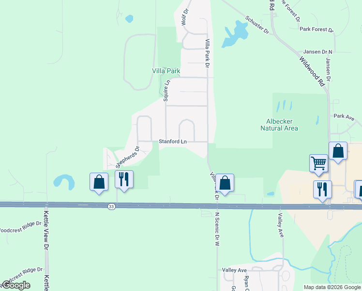 map of restaurants, bars, coffee shops, grocery stores, and more near 3303 Stanford Lane in West Bend