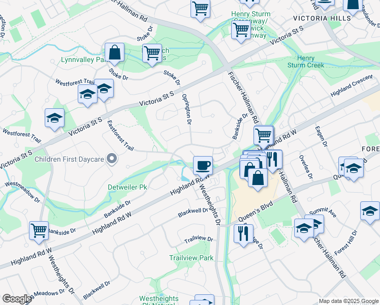 map of restaurants, bars, coffee shops, grocery stores, and more near 114 Eastforest Trail in Kitchener