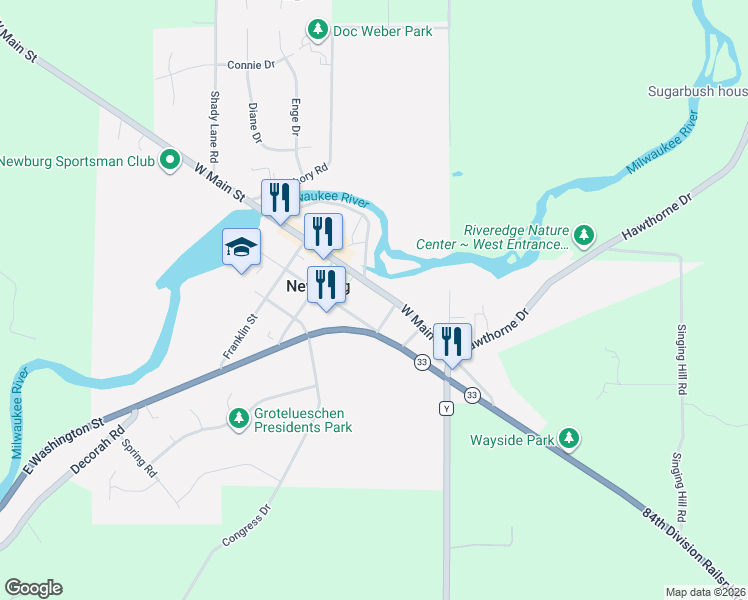 map of restaurants, bars, coffee shops, grocery stores, and more near 415 Main Street in Newburg