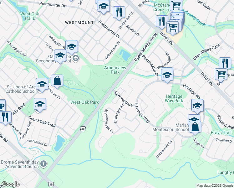 map of restaurants, bars, coffee shops, grocery stores, and more near Reeves Gate in Oakville